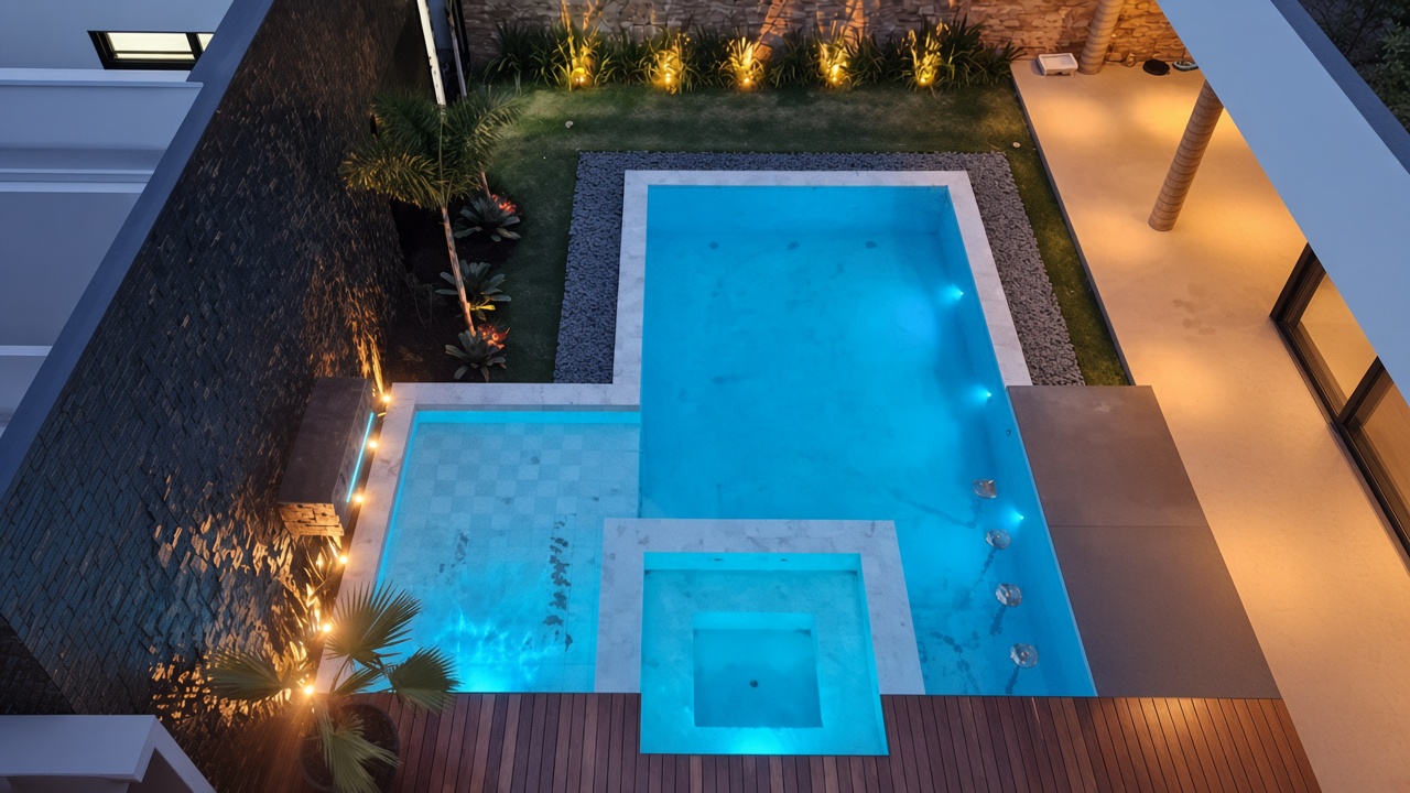 Piscina de luxo iluminada à noite