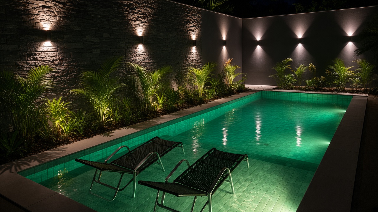 Piscina com iluminação e área de lazer