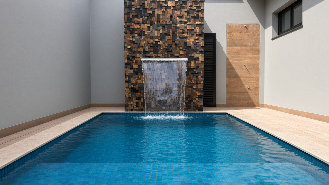 Piscina com cascata e acabamento em pedra